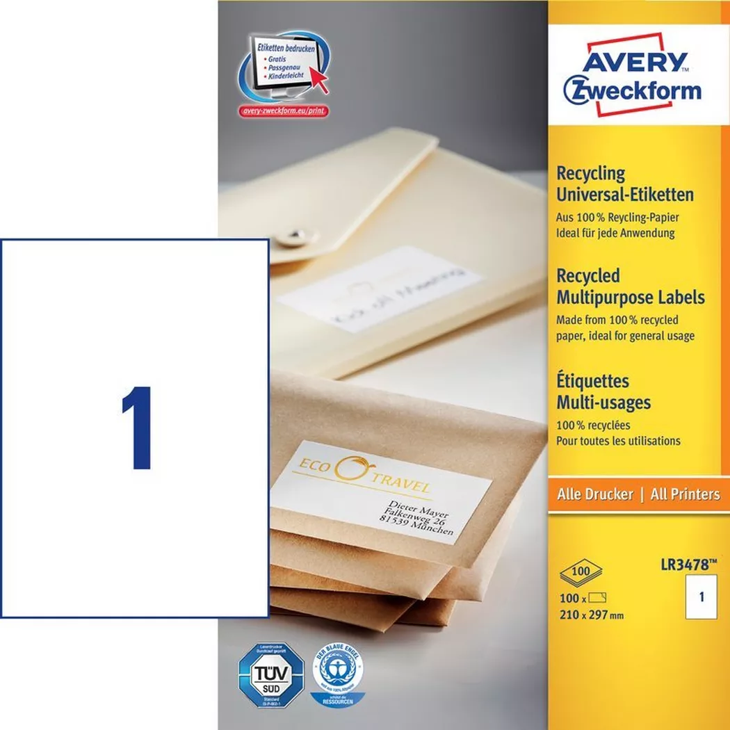 Avery-Zweckform – AVERY ZWECKFORM Etiketten 210x297mm, 100 Stück, One Size, Weiss