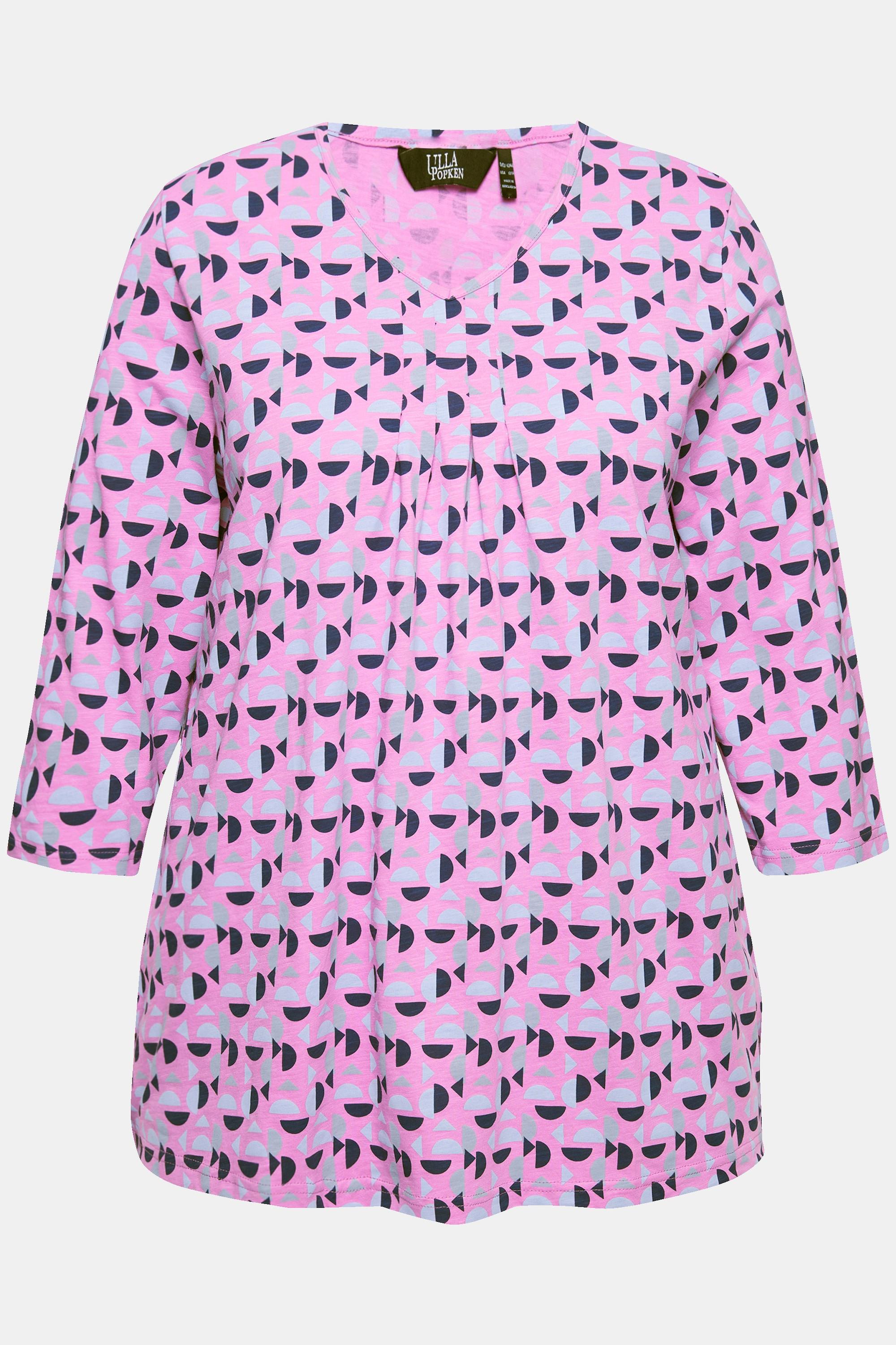 Ulla Popken T-shirt Taglio Svasato Scollo a V con Pieghe Decorative Maniche 3/4  