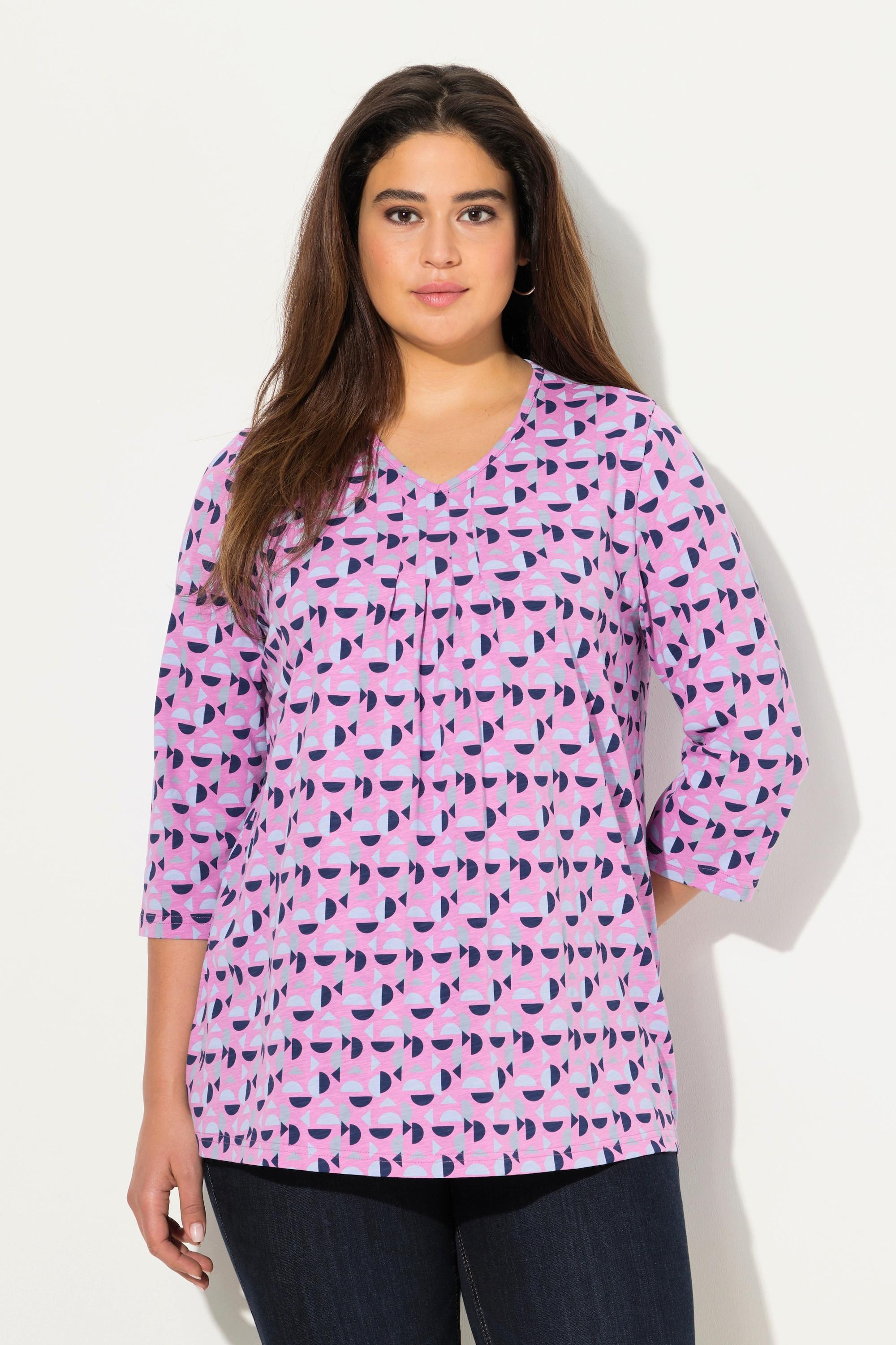 Ulla Popken T-shirt Taglio Svasato Scollo a V con Pieghe Decorative Maniche 3/4  