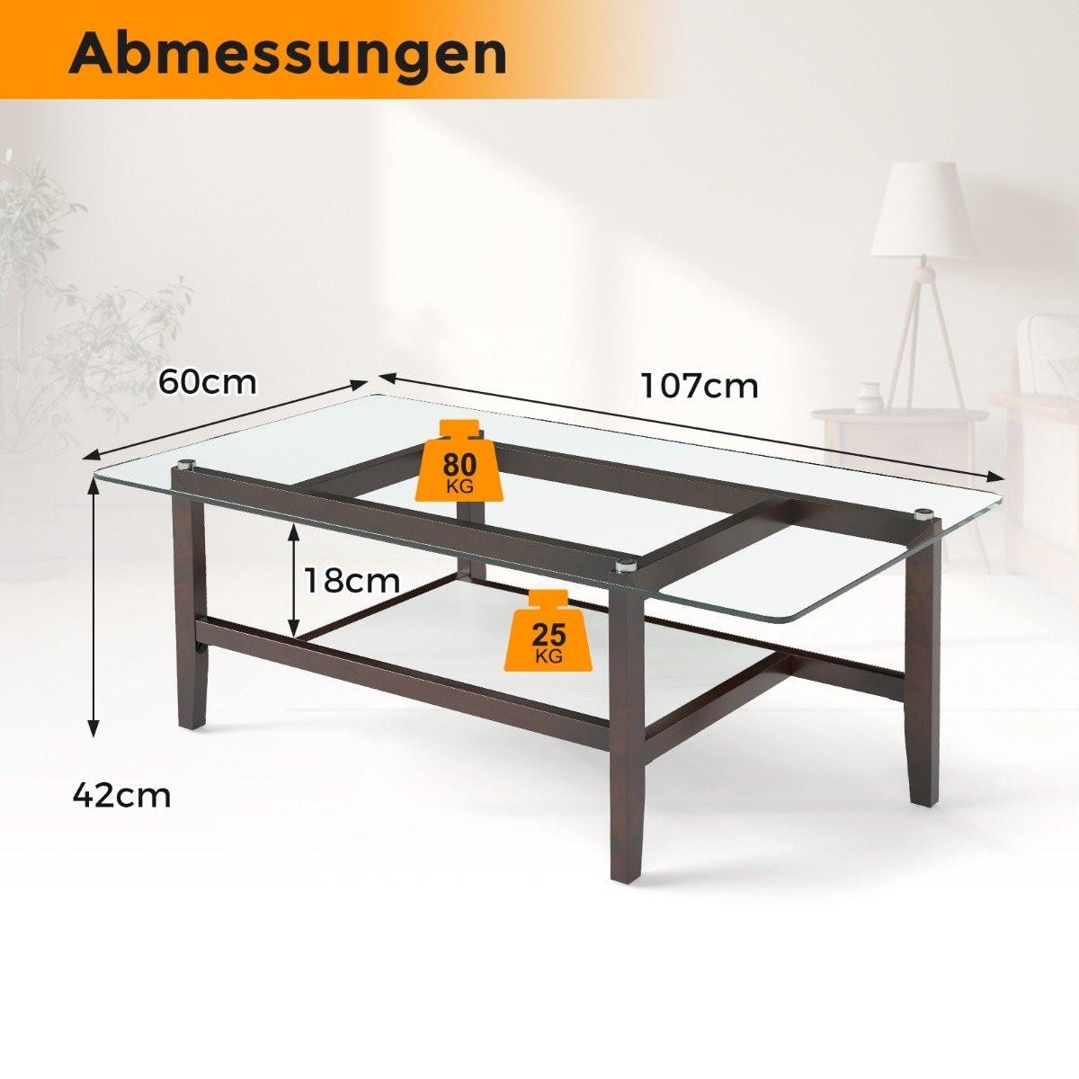 Northix Tavolino da caffè in vetro, tavolino laterale a 2 livelli con spazio di archiviazione, tavolino da caffè rettangolare lungo 107 cm  