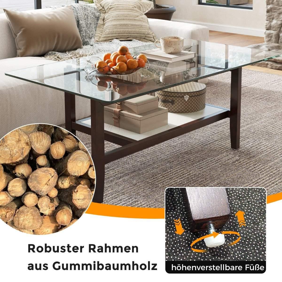 Northix Tavolino da caffè in vetro, tavolino laterale a 2 livelli con spazio di archiviazione, tavolino da caffè rettangolare lungo 107 cm  