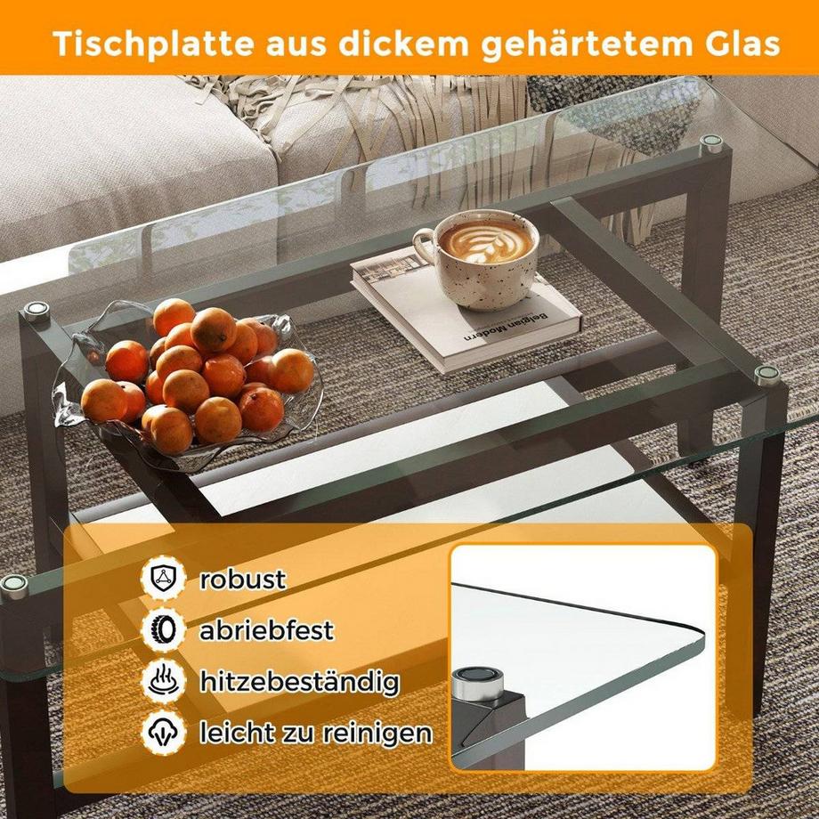Northix Table basse en verre Table d'appoint à 2 niveaux avec espace de rangement Table basse rectangulaire de 107 cm de long  
