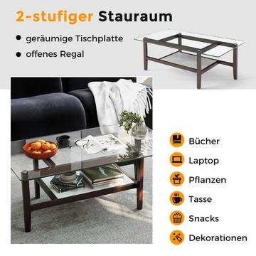 Tavolino da caffè in vetro, tavolino laterale a 2 livelli con spazio di archiviazione, tavolino da caffè rettangolare lungo 107 cm