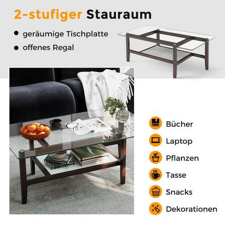 Northix Tavolino da caffè in vetro, tavolino laterale a 2 livelli con spazio di archiviazione, tavolino da caffè rettangolare lungo 107 cm  