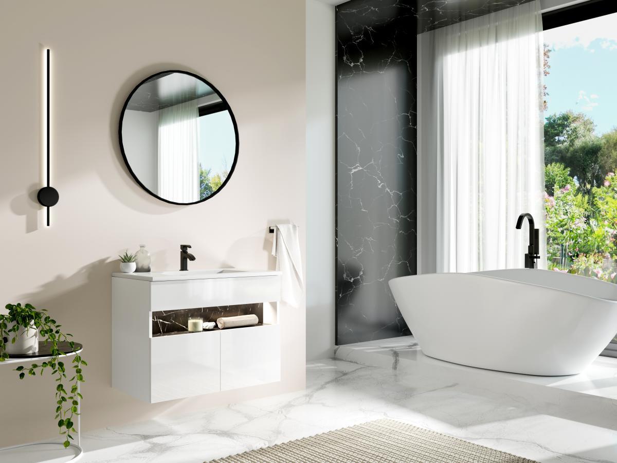 Vente-unique Mobile sotto lavabo per bagno con LED Bianco e Nero effetto marmo L80 cm POZEGA  