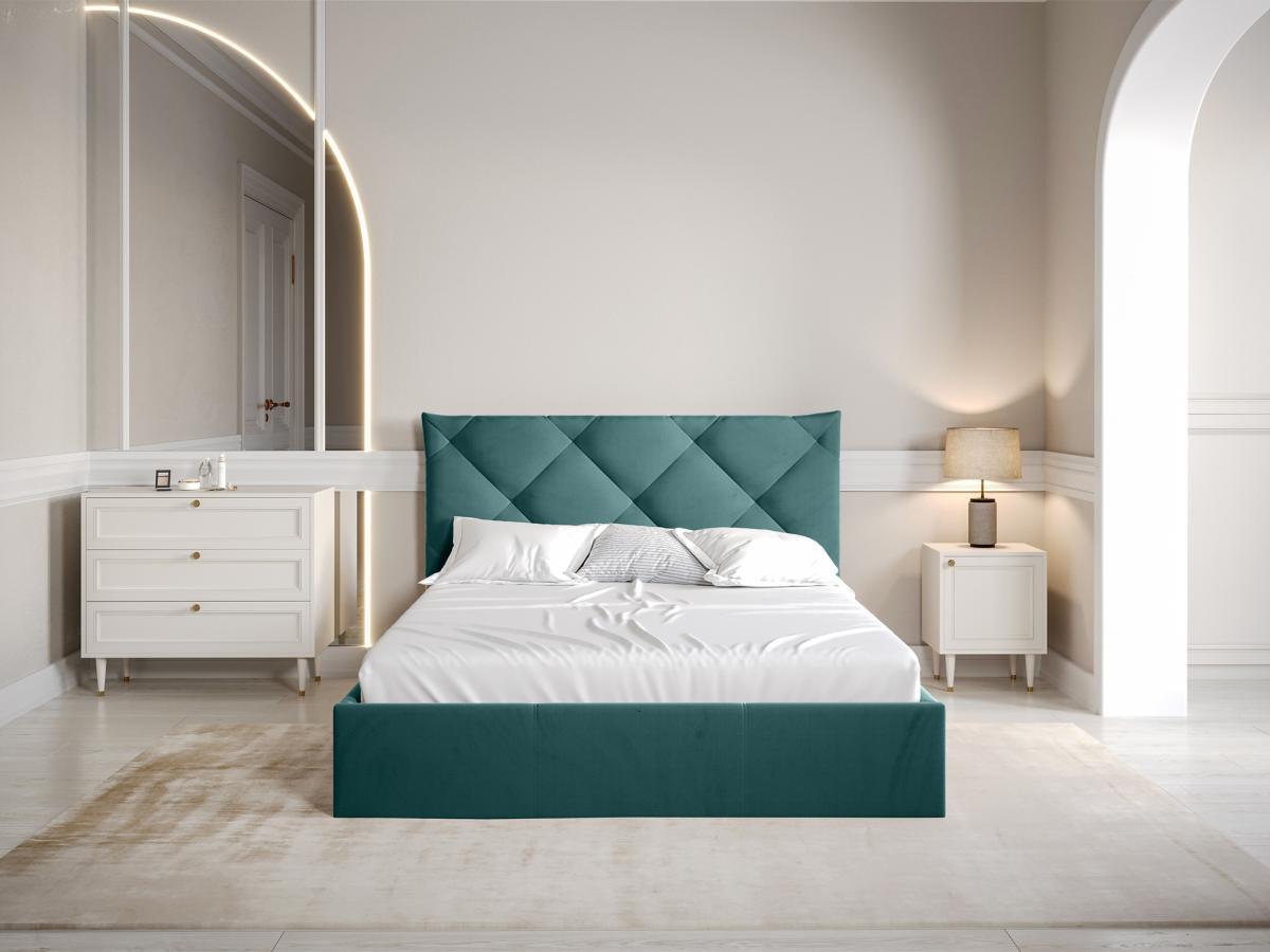 PASCAL MORABITO Letto con contenitore 140 x 190 cm Velluto Verde petrolio + Materasso - STARI di PASCAL MORABITO  