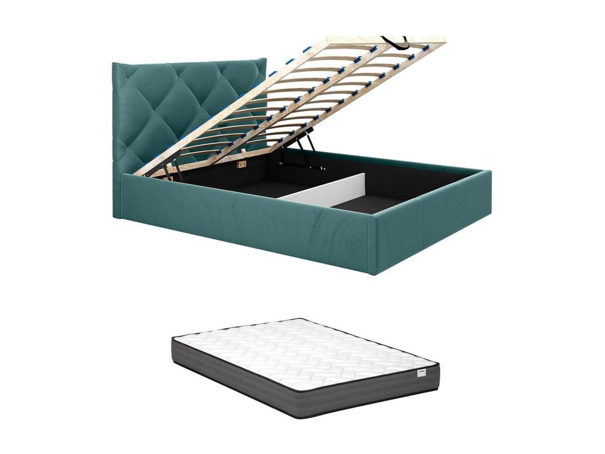 PASCAL MORABITO Lit coffre 140 x 190 cm - Velours - Bleu canard + Matelas - STARI de Pascal Morabito  