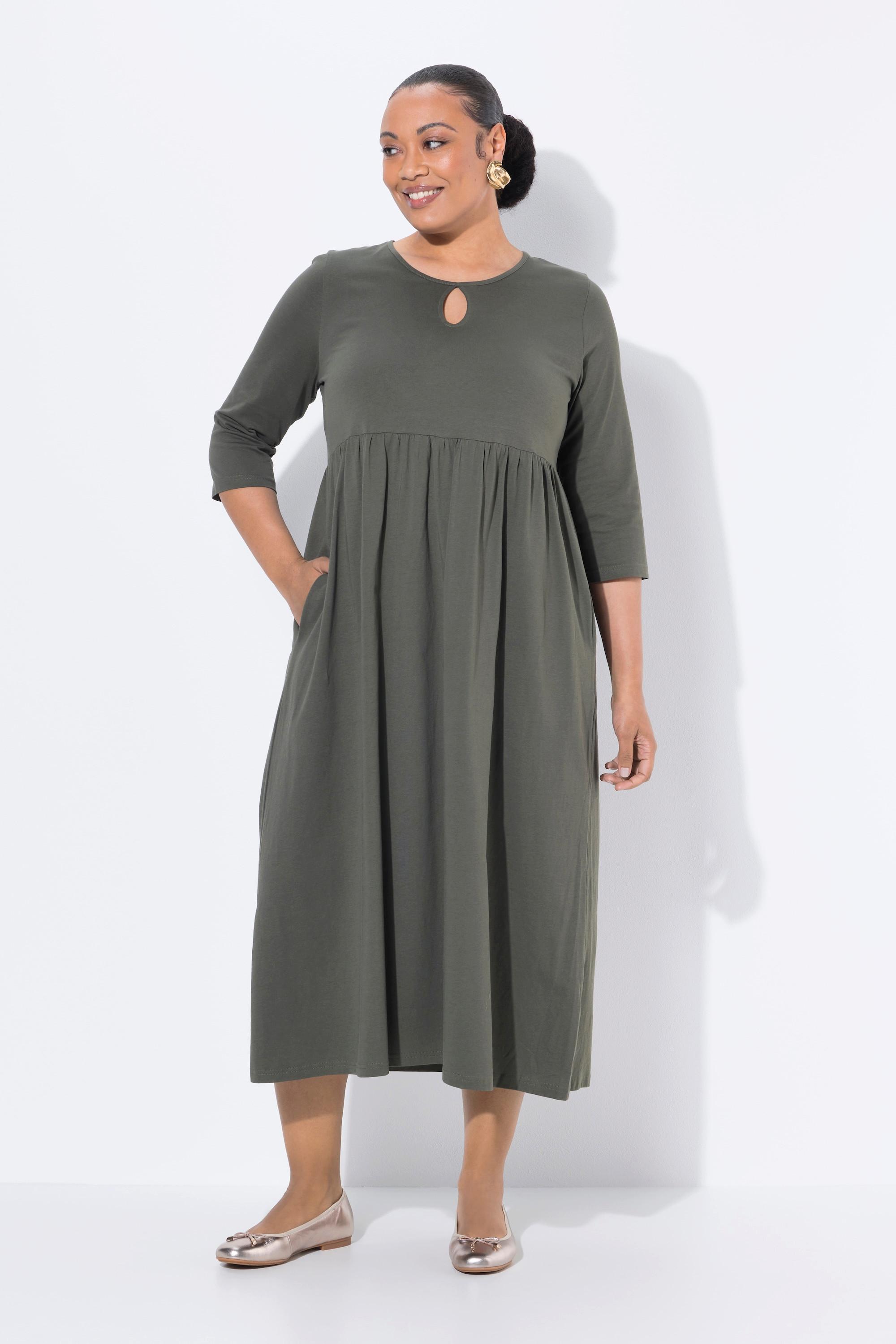 Ulla Popken Abito Lungo Jersey Girocollo Keyhole Maniche 3/4 con Tasche  