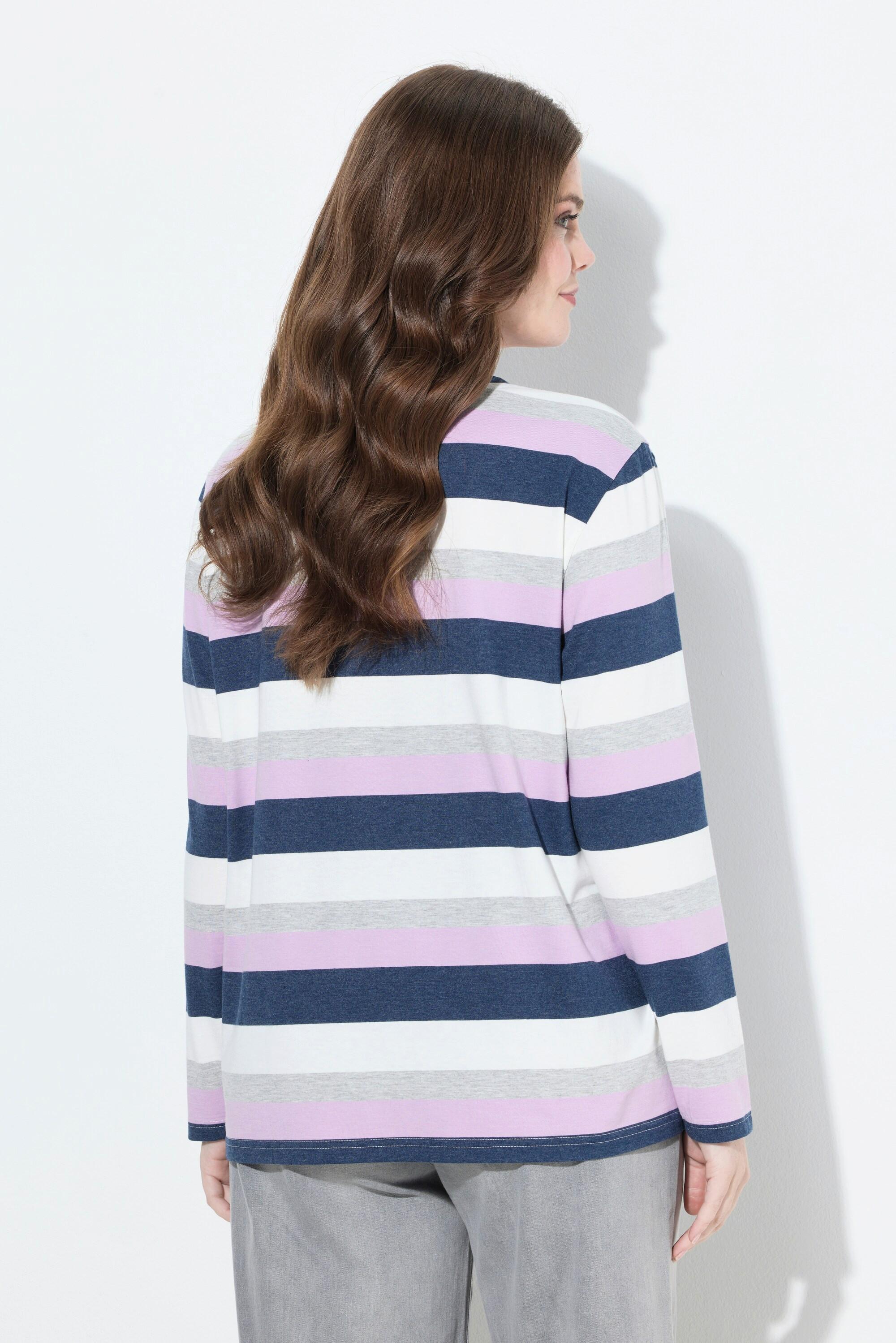 Ulla Popken T-shirt Rayé Col V Manches Longues avec Nœud à l'Ourlet  