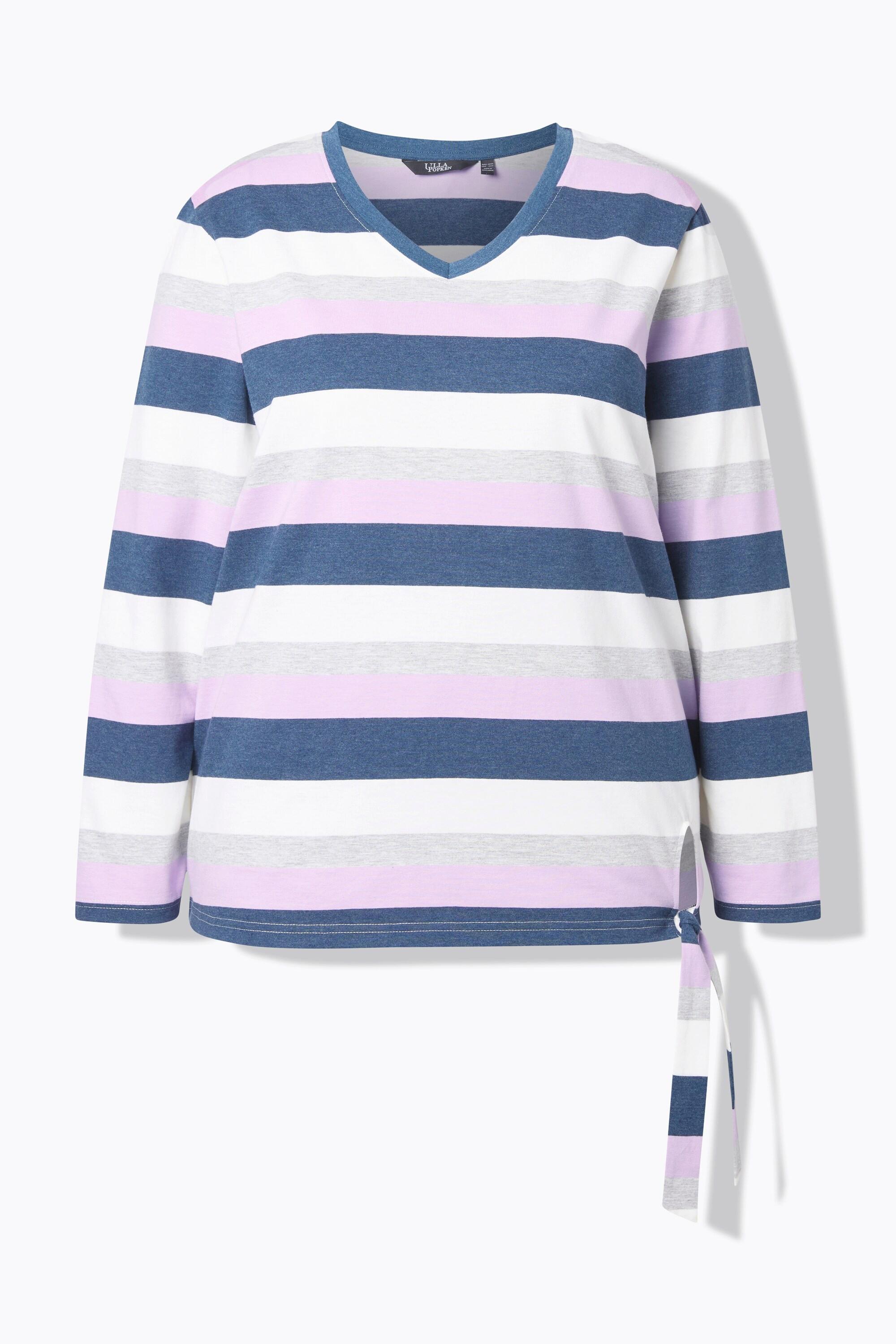 Ulla Popken T-shirt Rayé Col V Manches Longues avec Nœud à l'Ourlet  