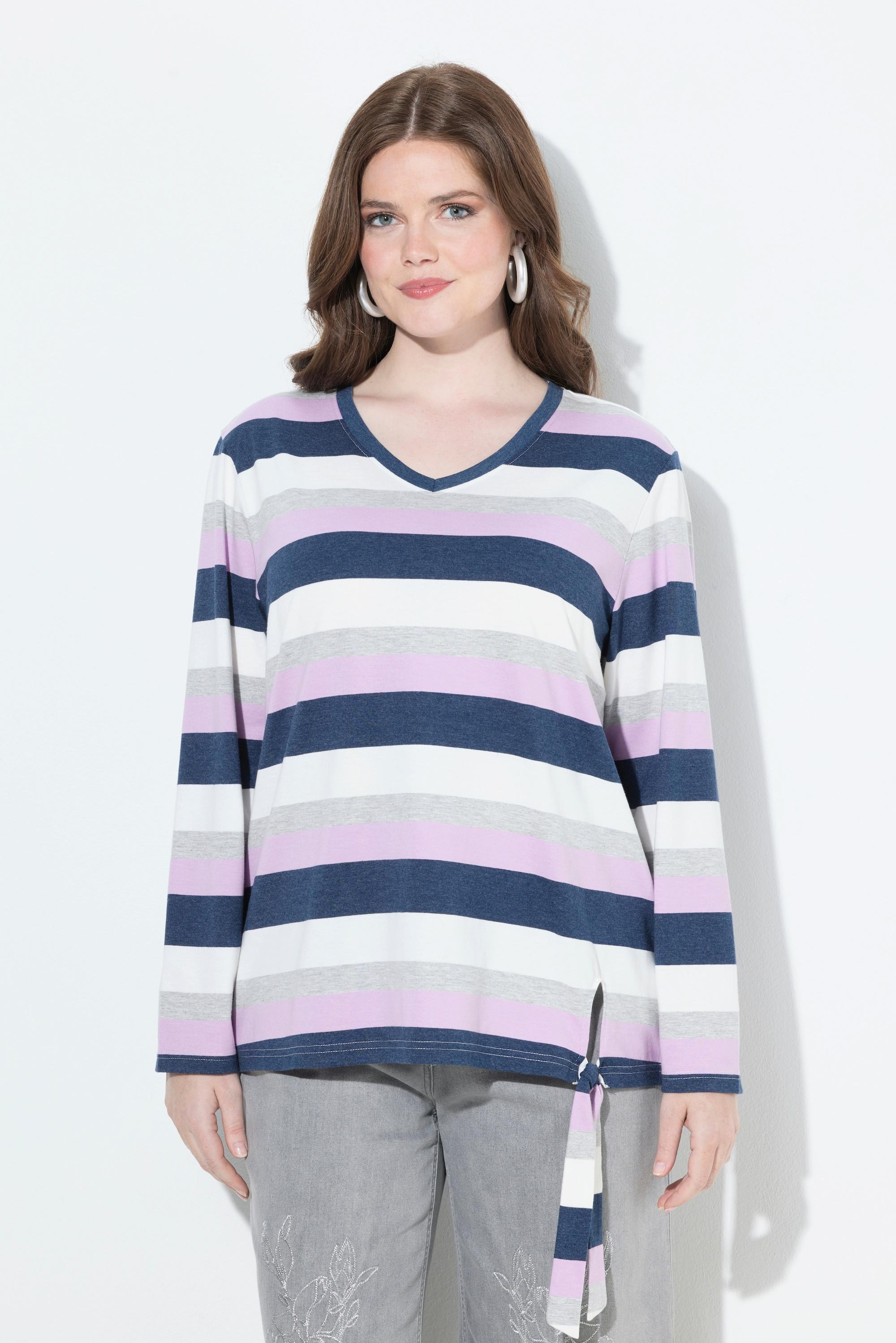 Ulla Popken T-shirt Rayé Col V Manches Longues avec Nœud à l'Ourlet  