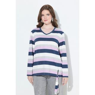 Ulla Popken T-shirt Rayé Col V Manches Longues avec Nœud à l'Ourlet  