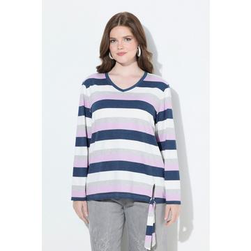 Maglia a righe con nodo nell'orlo, scollo a V e maniche lunghe