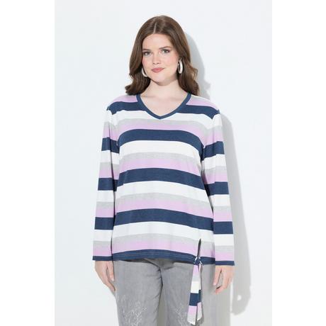 Ulla Popken T-shirt Rayé Col V Manches Longues avec Nœud à l'Ourlet  