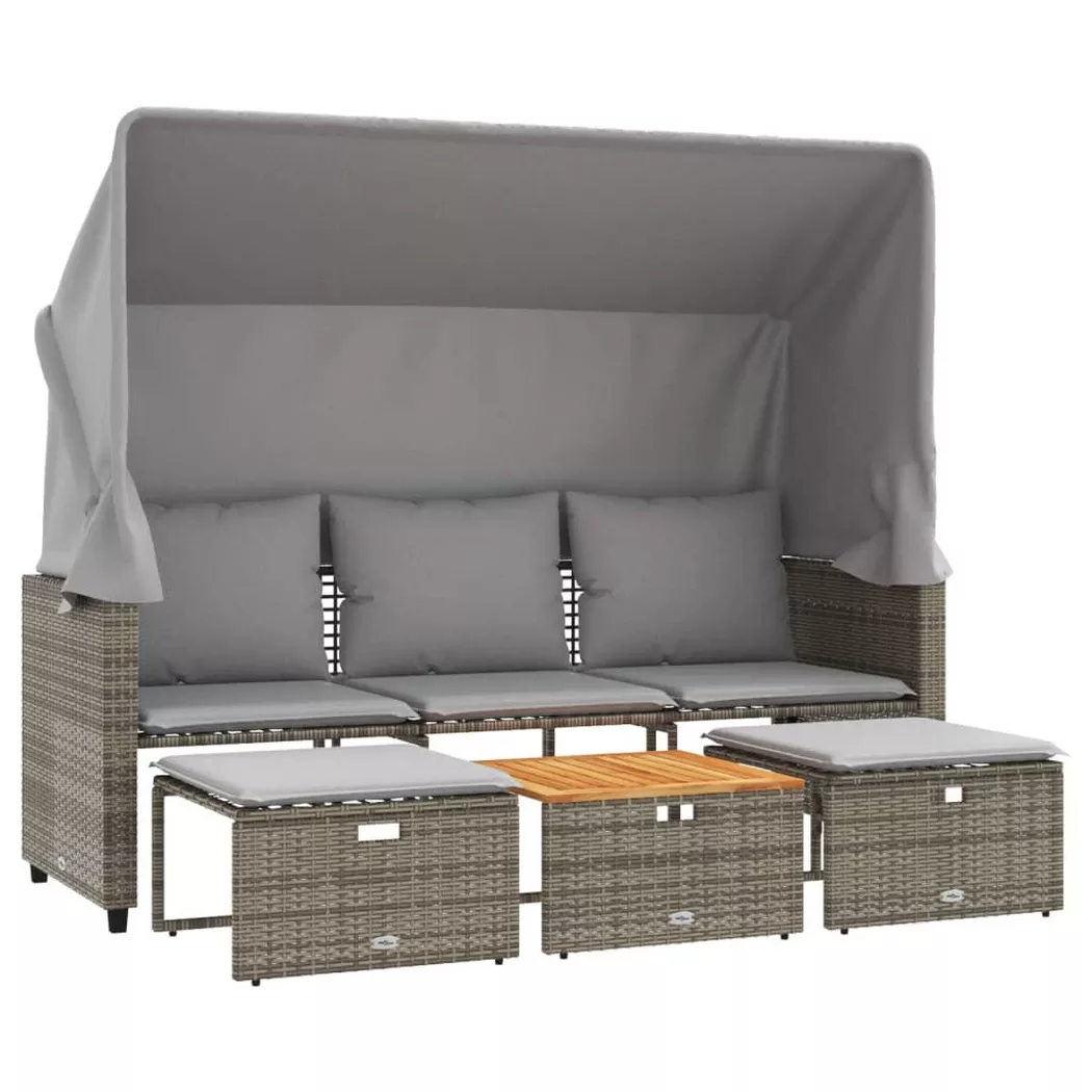 vidaXL Canapé de jardin 3 places avec auvent et tabourets gris rotin