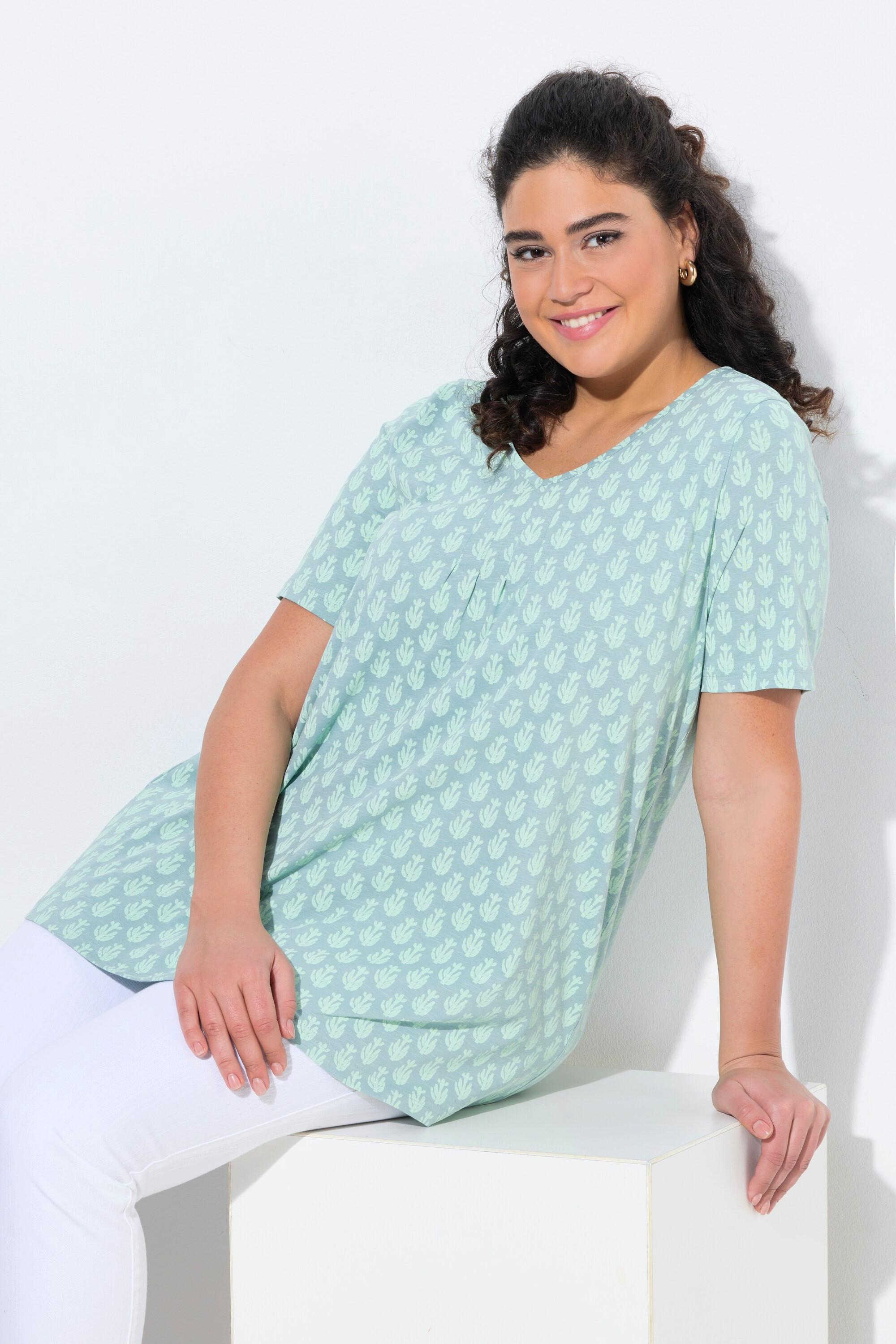 Ulla Popken T-Shirt Linea ad A Scollo a V Mezze Maniche con Pieghe Decorative  