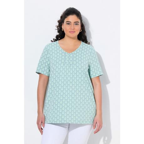 Ulla Popken T-Shirt Linea ad A Scollo a V Mezze Maniche con Pieghe Decorative  