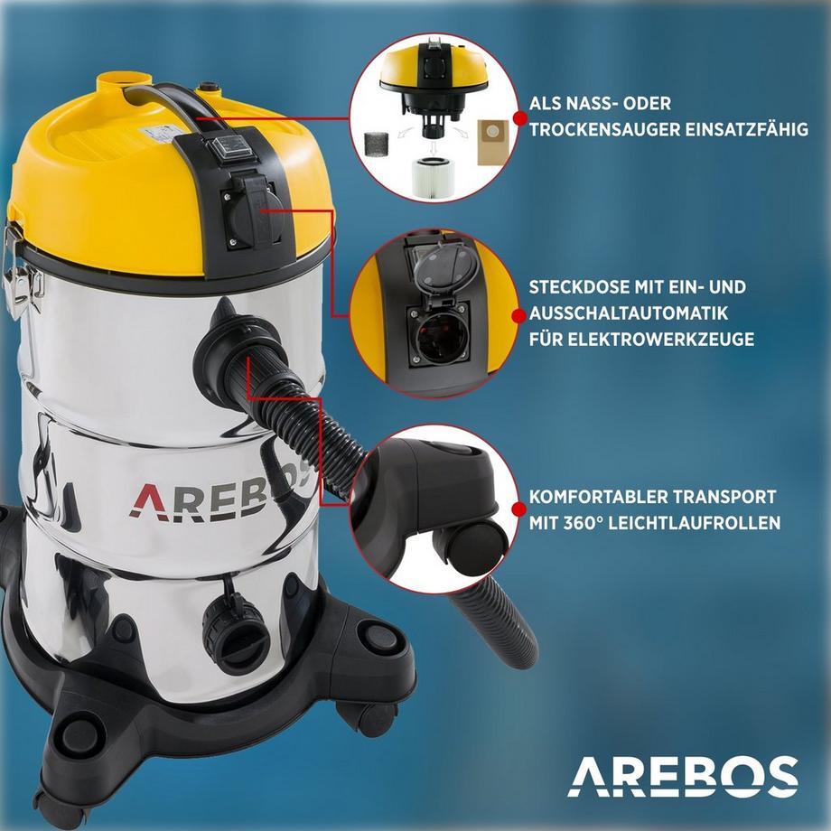 Arebos Industriestaubsauger 5IN1 Staubsauger Nass Trocken 1300 W 30 L  