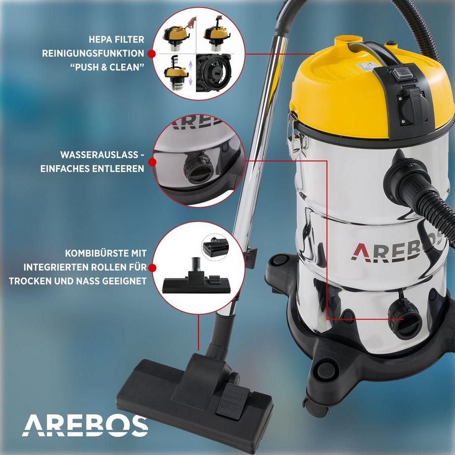 Arebos Industriestaubsauger 5IN1 Staubsauger Nass Trocken 1300 W 30 L  