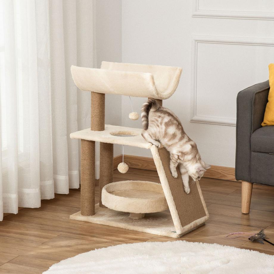 Northio  Katzen Kratzbaum Klein 76Cm, Mit Spielball & Sitzplatz, Indoor Kletterturm Mit Bett & Kratzbrett, Hellbraun, Bis 5Kg 