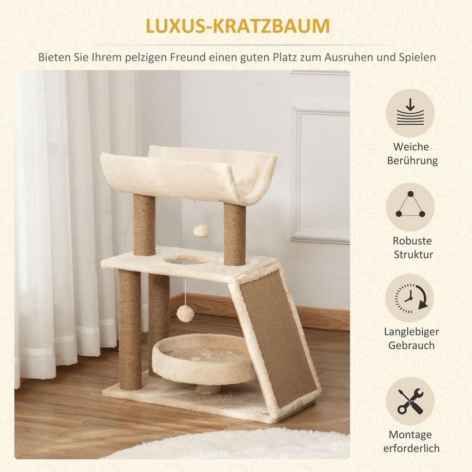 Northio  Katzen Kratzbaum Klein 76Cm, Mit Spielball & Sitzplatz, Indoor Kletterturm Mit Bett & Kratzbrett, Hellbraun, Bis 5Kg 