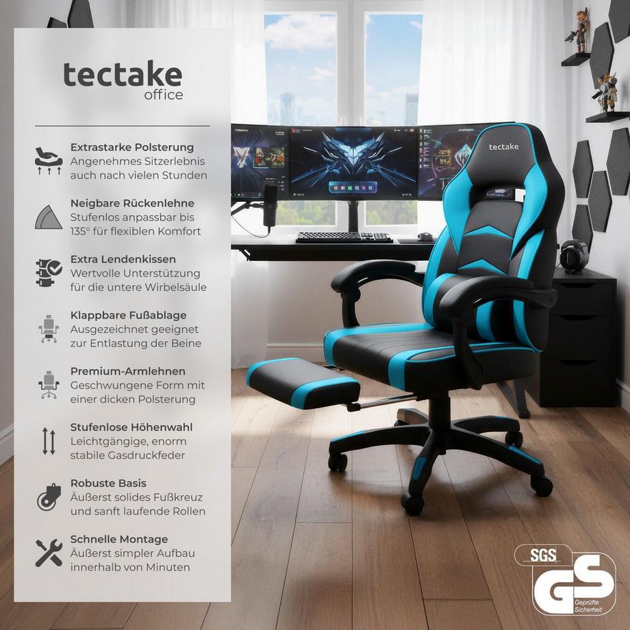 Tectake Racing Bürostuhl Comodo ergonomische Form, mit Fußstütze und verstellbarer Rückenlehne dicke Polsterung  