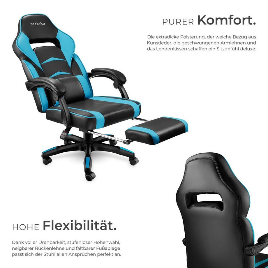 Tectake Racing Bürostuhl Comodo ergonomische Form, mit Fußstütze und verstellbarer Rückenlehne dicke Polsterung  