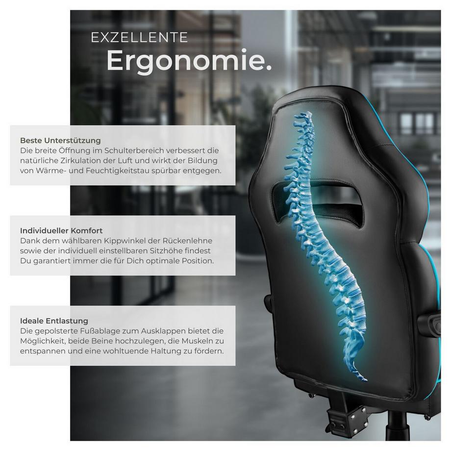 Tectake Racing Bürostuhl Comodo ergonomische Form, mit Fußstütze und verstellbarer Rückenlehne dicke Polsterung  