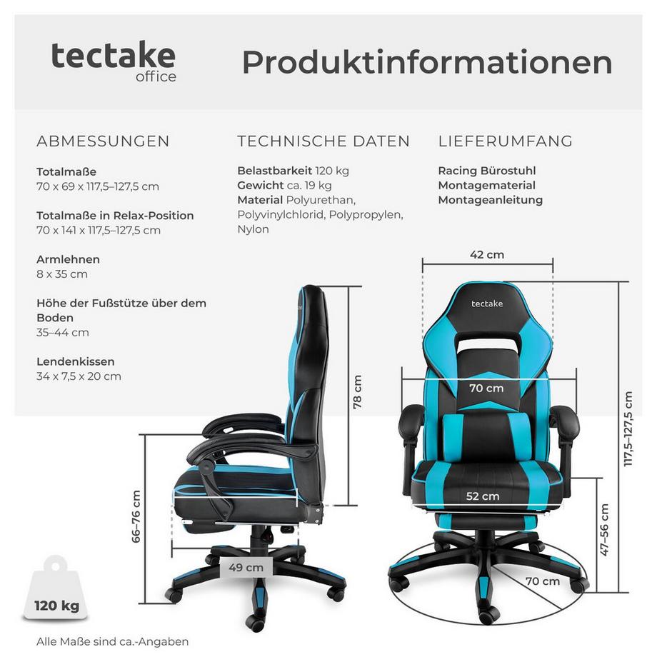Tectake Racing Bürostuhl Comodo ergonomische Form, mit Fußstütze und verstellbarer Rückenlehne dicke Polsterung  