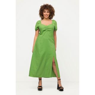 Ulla Popken  Abito midi in misto lino con dettagli a punto smock, scollo a cuore e mezze maniche 