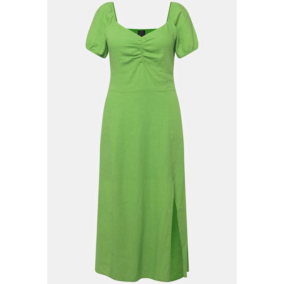 Ulla Popken Robe Midi Lin Mélangé Détail Smocké Décolleté Cœur Manches Courtes  