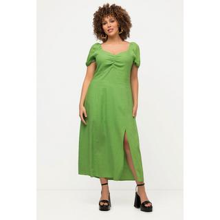 Ulla Popken  Abito midi in misto lino con dettagli a punto smock, scollo a cuore e mezze maniche 