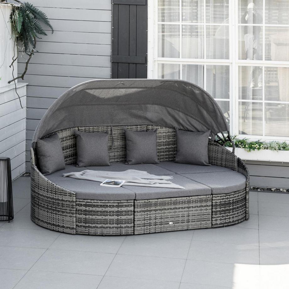 Northio Îlot De Soleil En Rotin Îlot Transat En 4 Parties Avec Auvent Groupe De Sièges 4 Coussins Gris Métal 230 X 145 X 80 Cm  