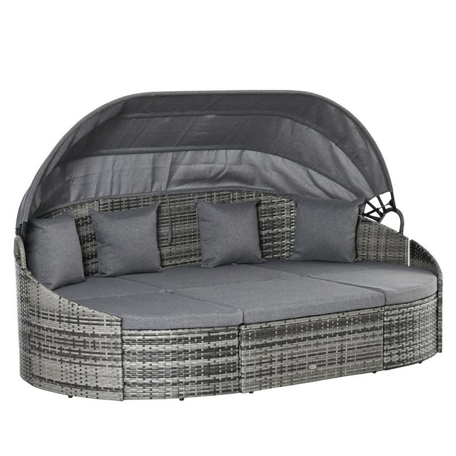 Îlot De Soleil En Rotin Îlot Transat En 4 Parties Avec Auvent Groupe De Sièges 4 Coussins Gris Métal 230 X 145 X 80 Cm