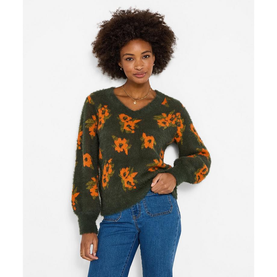 Pull Duveteux Col V Fleurs d'Automne