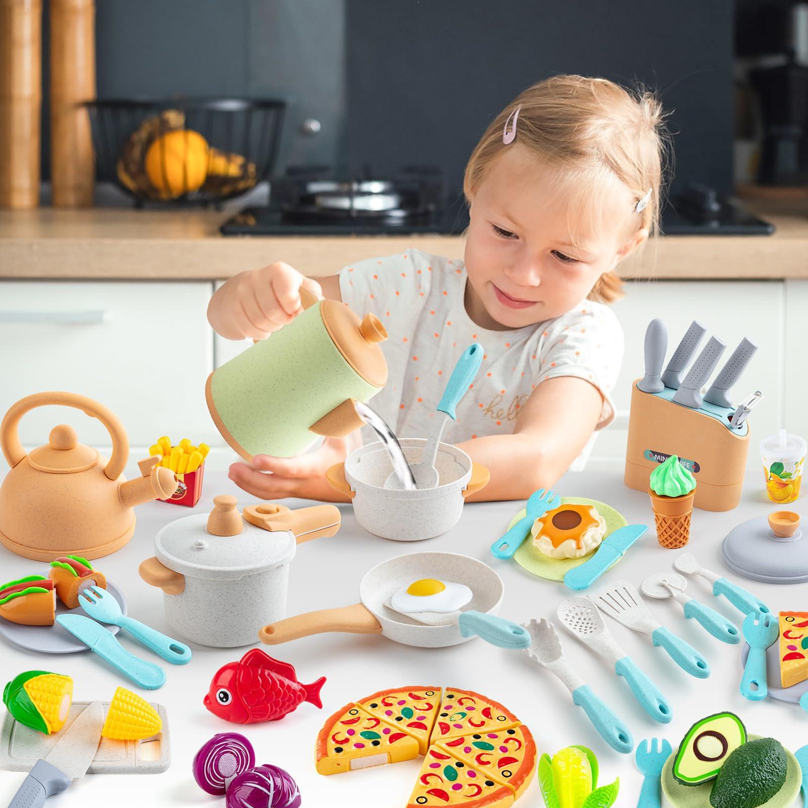 Activity-board  Ensemble d'accessoires de cuisine et de casseroles pour enfants pour le jeu de rôle, accessoires de cuisine pour le jeu avec des fruits en uniforme de cuisine 