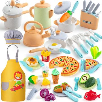 Ensemble d'accessoires de cuisine et de casseroles pour enfants pour le jeu de rôle, accessoires de cuisine pour le jeu avec des fruits en uniforme de cuisine