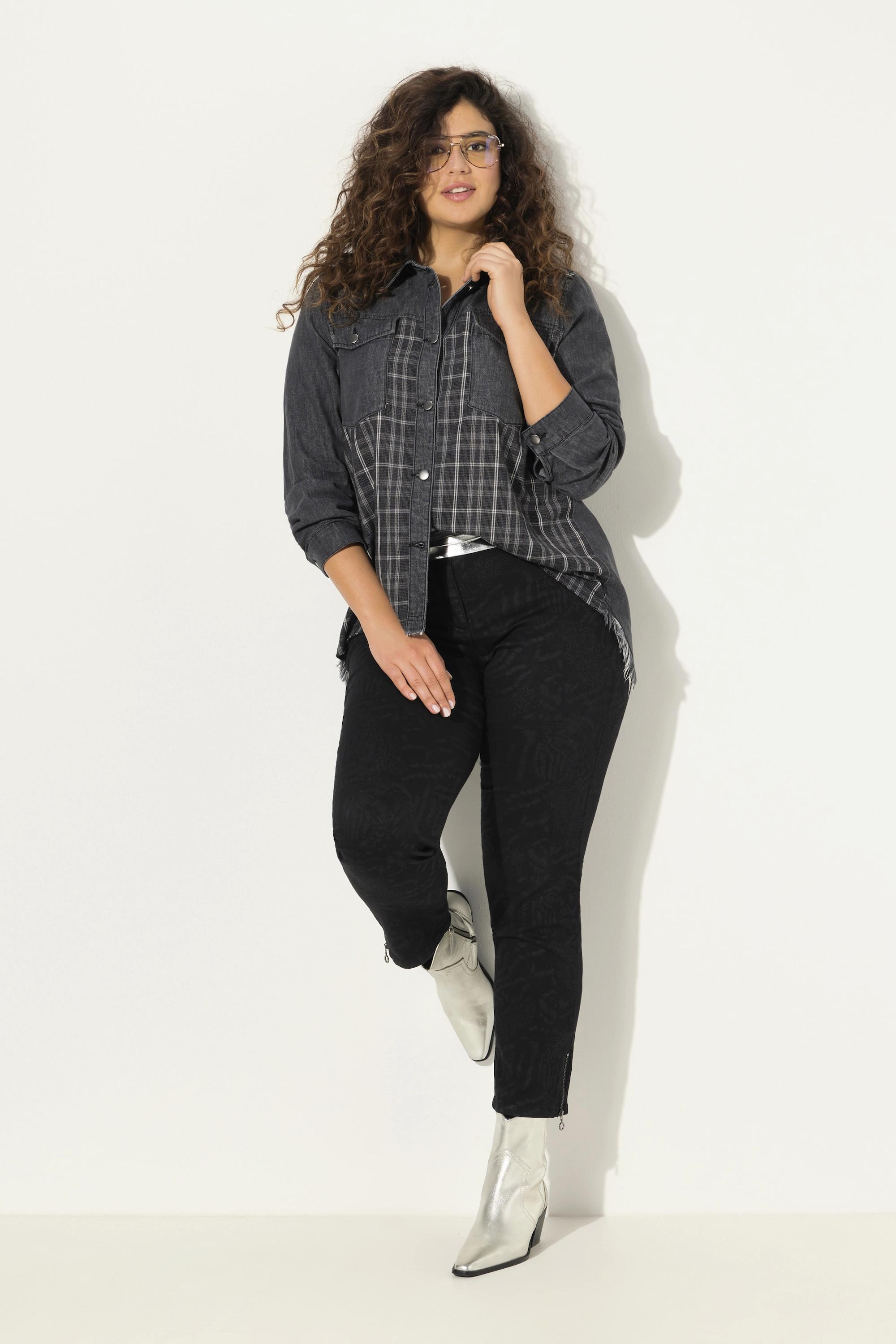 Ulla Popken Camicia di jeans Inserto in flanella Colletto camicia Maniche lunghe  