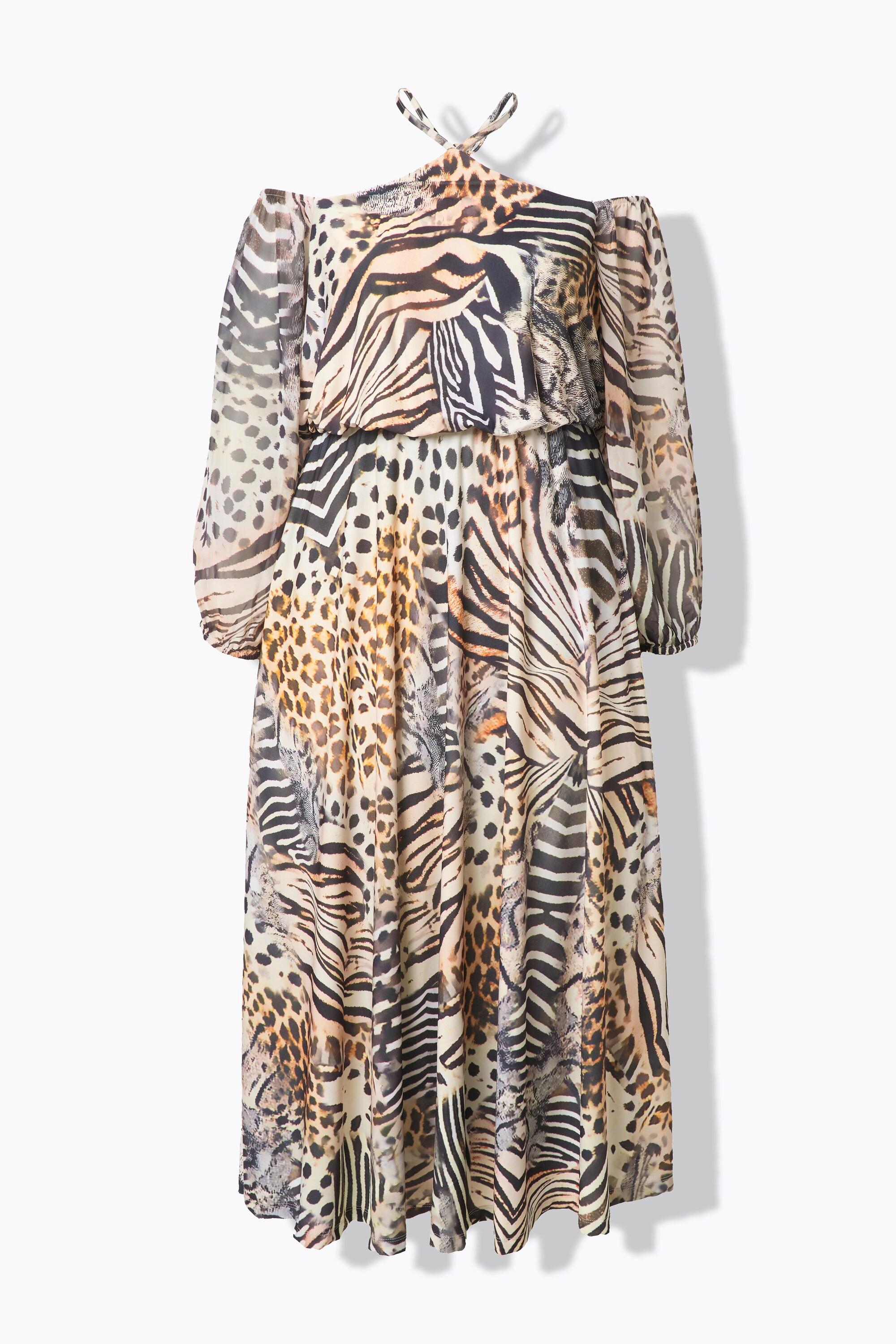 Ulla Popken Robe Maxi Épaules Nues Mousseline Imprimé Animal Patchwork  