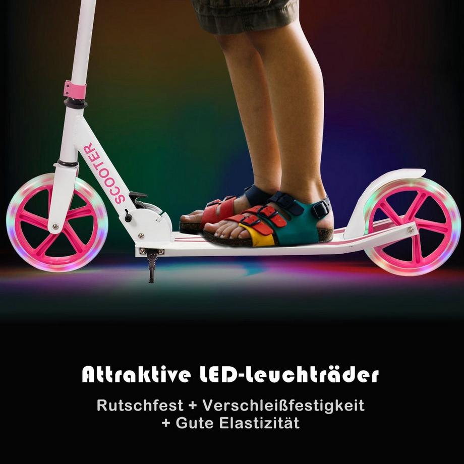 B2X  Scooter Roller klappbar Tretroller höhenverstellbar 100kg Tragkraft Kickroller mit 2 LED Räder rosa 