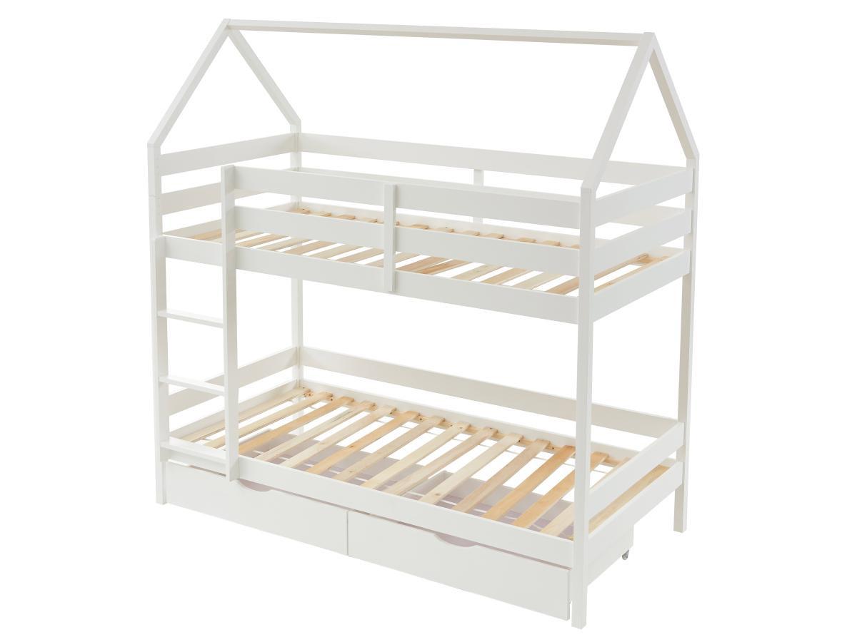 Vente-unique Letto a castello capanna 2 x 90 x 190 cm 2 cassetti Pino Bianco - CHORI  