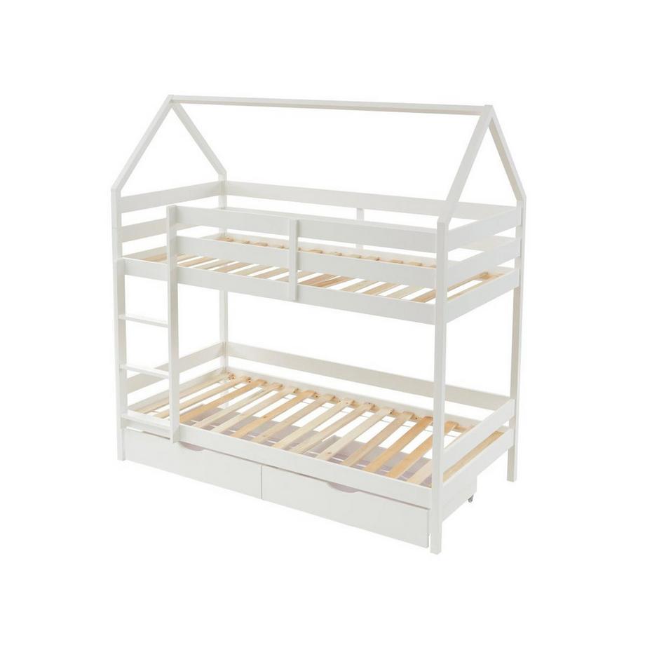 Vente-unique Etagenbett Hausbett mit 2 Schubladen - Kiefernholz - 2 x 90 x 190 cm - Weiß - CHORI  