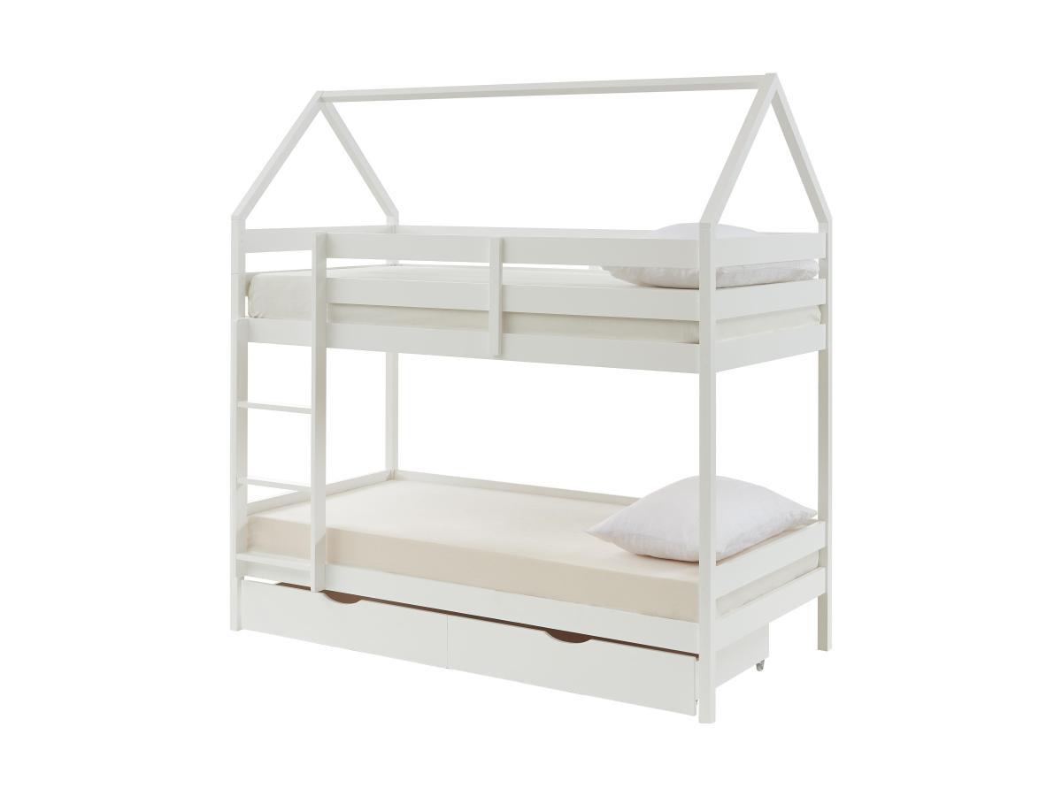 Vente-unique Letto a castello capanna 2 x 90 x 190 cm 2 cassetti Pino Bianco - CHORI  