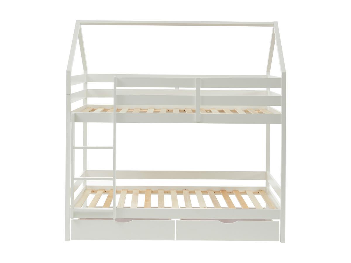Vente-unique Letto a castello capanna 2 x 90 x 190 cm 2 cassetti Pino Bianco - CHORI  
