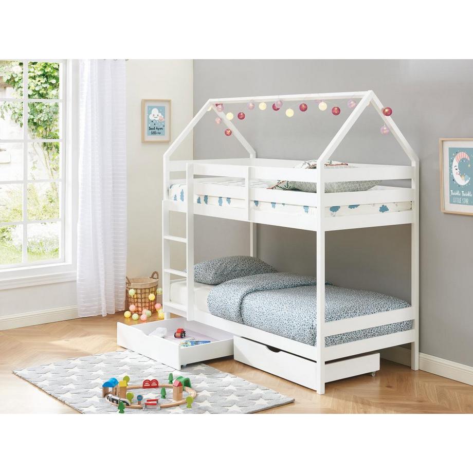 Vente-unique Etagenbett Hausbett mit 2 Schubladen - Kiefernholz - 2 x 90 x 190 cm - Weiß - CHORI  