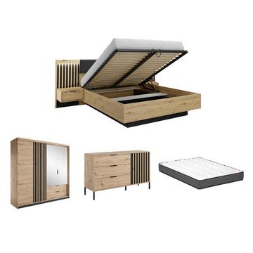 Ensemble lit coffre avec chevets 160 x 200 cm + Matelas + Commode + Armoire - Coloris : Naturel et noir - ARIADA