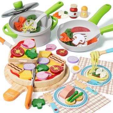 Pizza Kinderküche, Spielküchenzubehör Holzpizza & Stoffnudeln, Lebensmittel spielen, Küchenspielzeug, Rollenspielzeug