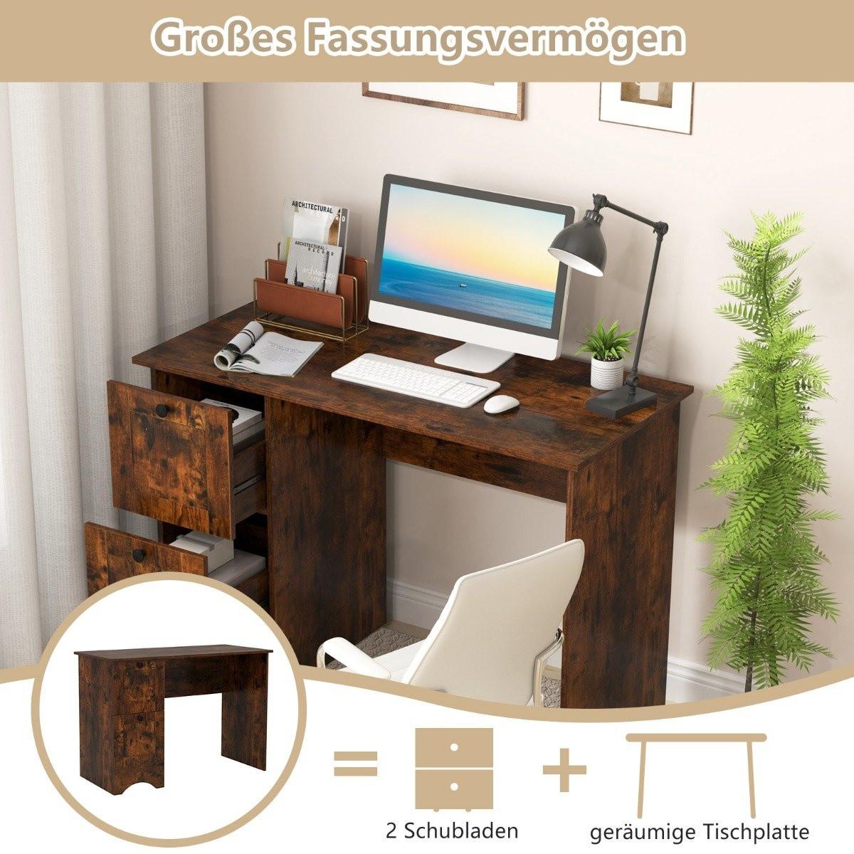 B2X  Table d'ordinateur avec 2 tiroirs, bureau, table de jeu robuste, coiffeuse, table pour ordinateur portable, marron 