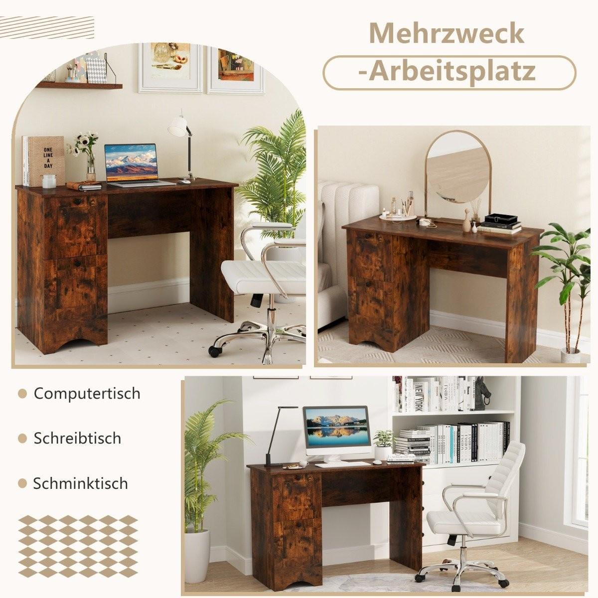 B2X  Table d'ordinateur avec 2 tiroirs, bureau, table de jeu robuste, coiffeuse, table pour ordinateur portable, marron 
