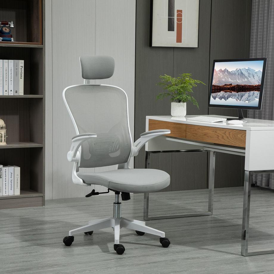 Northio  Bürostuhl Ergonomischer Stuhl Mit Wippfunktion Hoher Rückenlehne Lendenwirbelstütze Kopfstütze Hochklappbarem Grau 65 X 64 X 114-122 Cm 
